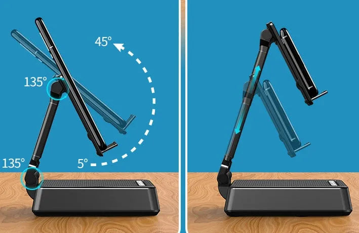 Black mobile phone broadcaster stand with wireless Bluetooth speaker and integrated HD microphone on desk