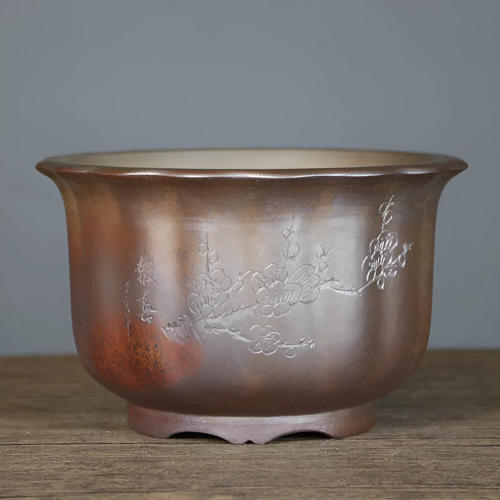 Purple sand ceramic flower pot with antique carved wood burning design for indoor plants