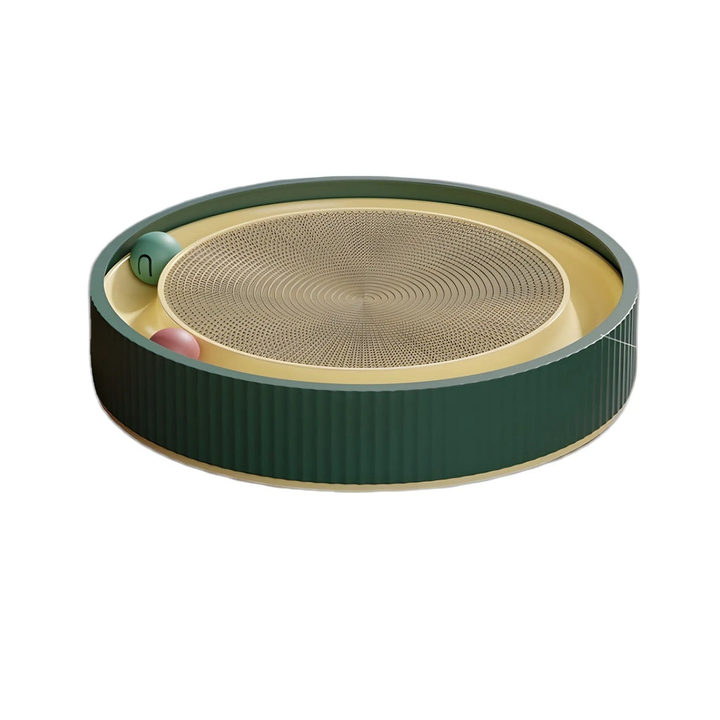 Large green circular cat scratching board with ball track and plush toy for indoor cats
