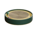 Large green circular cat scratching board with ball track and plush toy for indoor cats