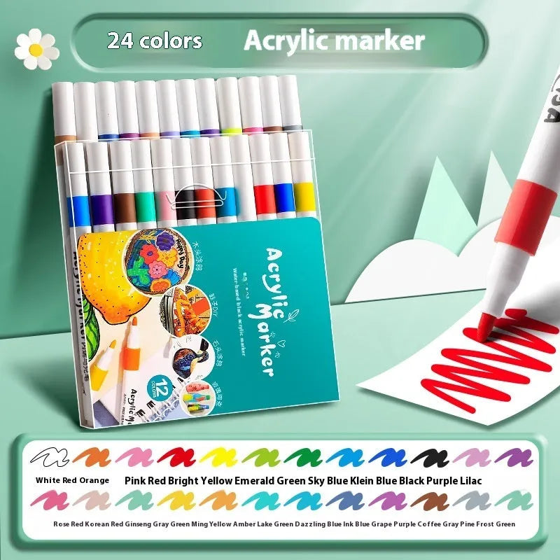 Boxed set of multicoloured True Color acrylic marker pens for students and artists.