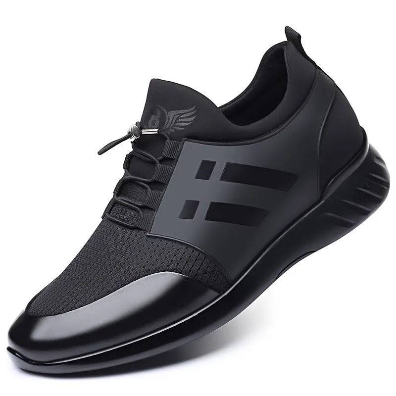 Men's black casual shoes with genuine leather upper and invisible internal height increase heel.