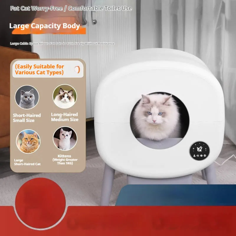 White automatic cat litter box with control panel and waste storage compartment for self-cleaning pet toilet