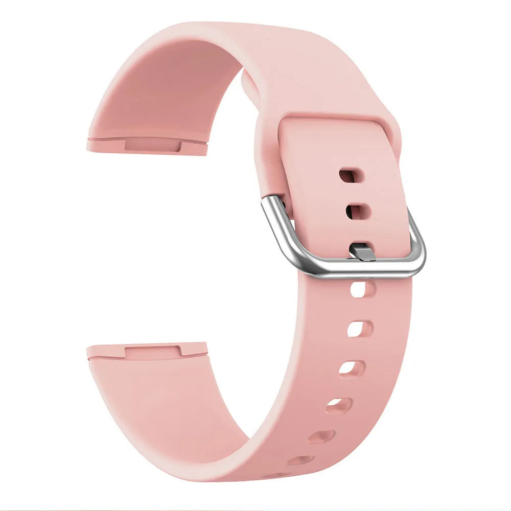 Solid colour silicone replacement strap with silver buckle for Fitbit Versa 3 and Sense 2 smartwatches.