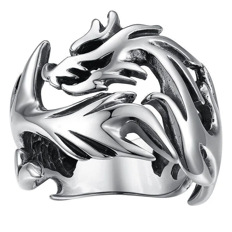 Chinese dragon pattern adjustable ring with archaism silver blue green electroplated metal