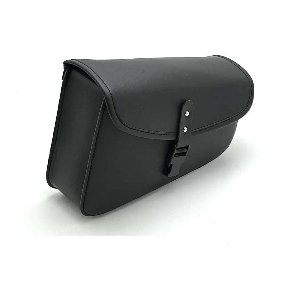 Black PU leather motorcycle swingarm bag mounted on Harley Sportster for tool storage