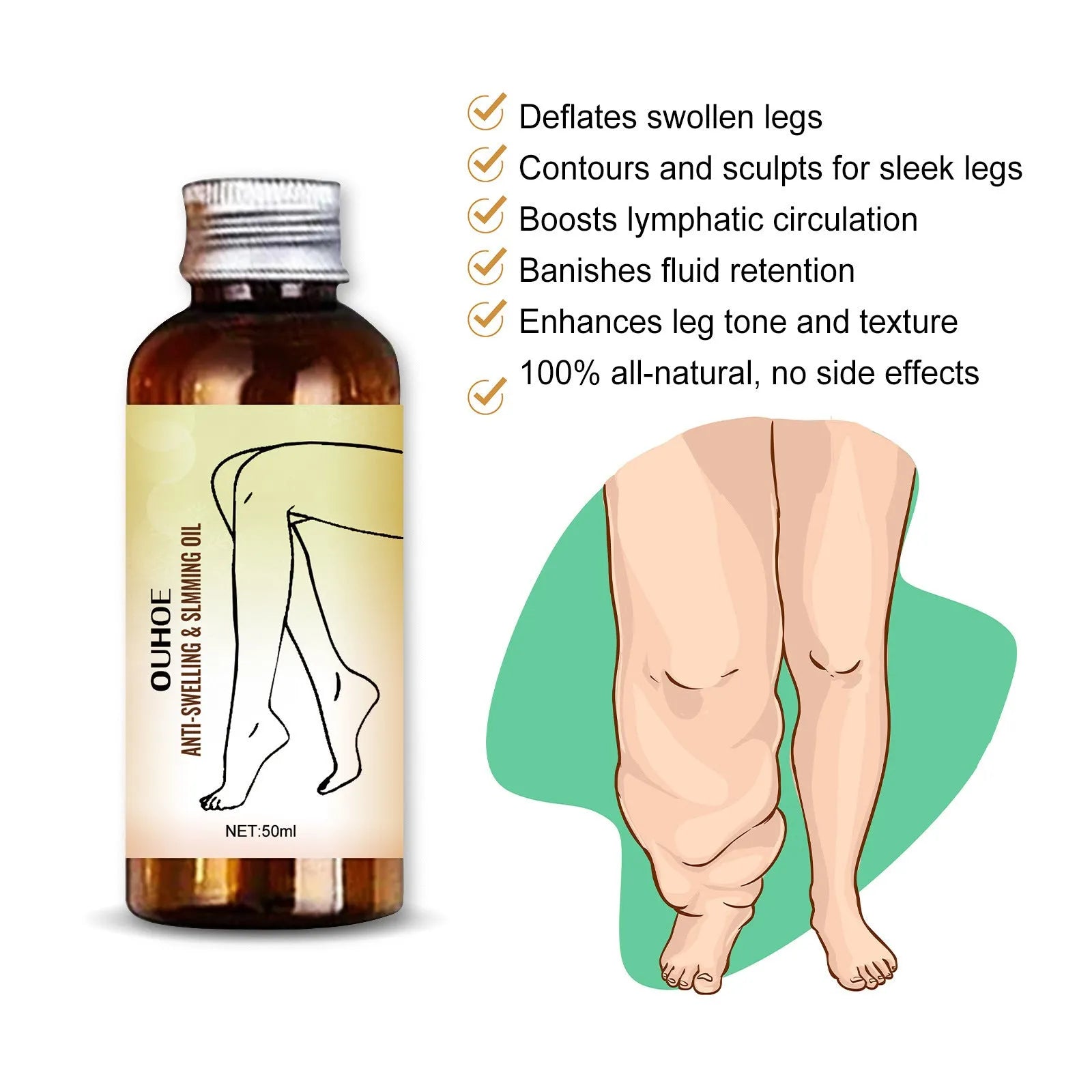 50ml bottle of natural extract body oil for moisturising and leg massage.
