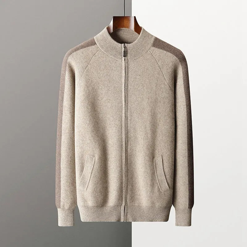 Men's cashmere wool blend sports cardigan suit with half turtleneck zipper top and matching trousers