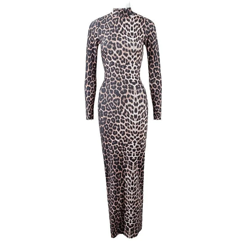 Leopard print women's long dress with stand collar and long sleeves in milk silk fabric.