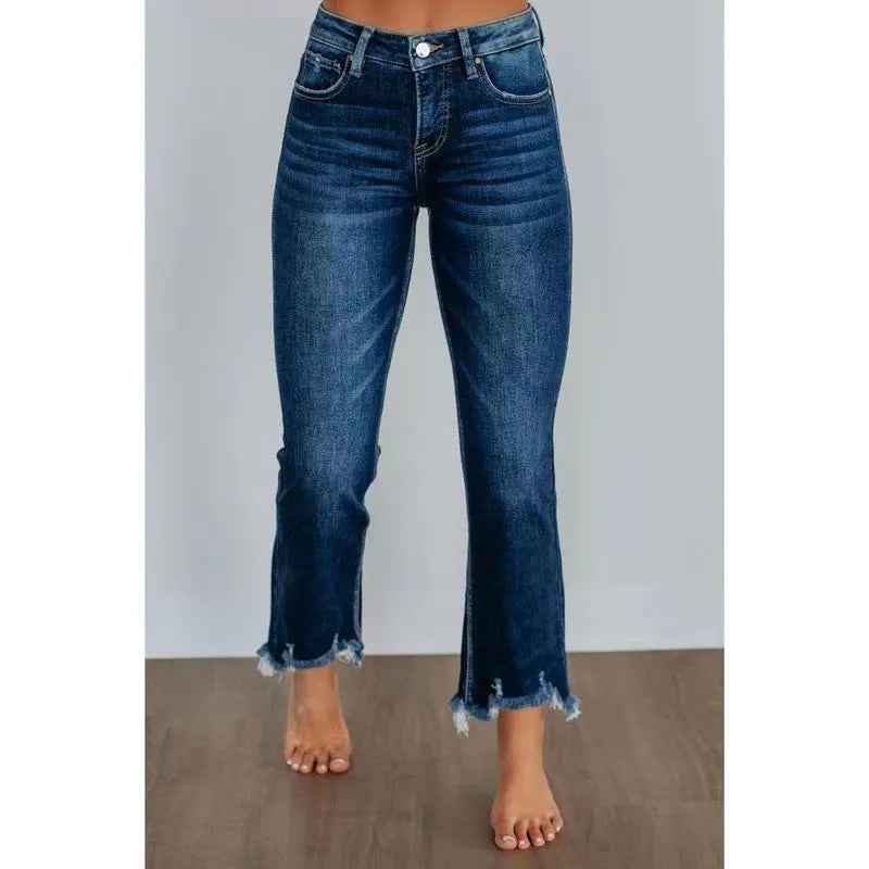 Women's straight leg denim jeans in dark blue and light blue, showcasing hand-worn craft details on cotton fabric.