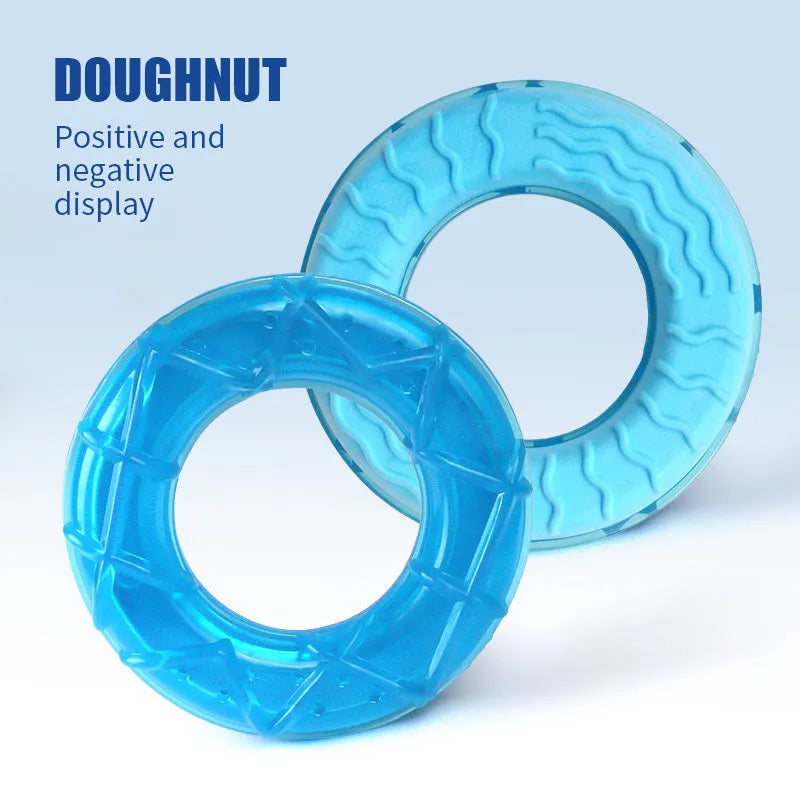 Summer ice dog cooling toy set with water-filled popsicle, pacifier, and ring chew toys