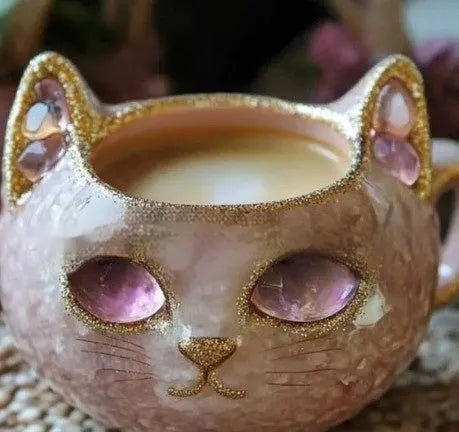 Purple geode mug shaped as hollow cat sculpture resin craft cup