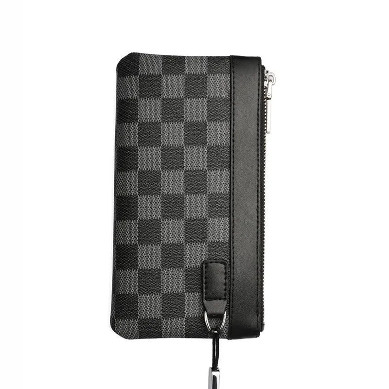 Men's black leather plaid clutch wallet showing 20x10cm dimensions and medium-hardness cowhide texture
