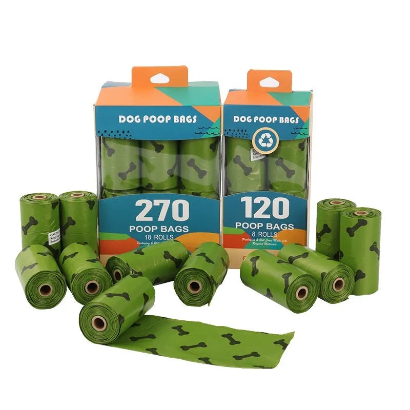 Degradable dog poop bags in military green with black bone print, showing roll format and bag dimensions