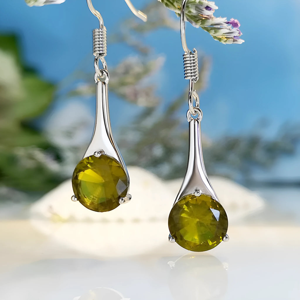 Olive green topaz drop shape earrings with minimalist water drop design