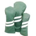 Striped golf club head cover in multiple colours showing three size options for wood rod protection