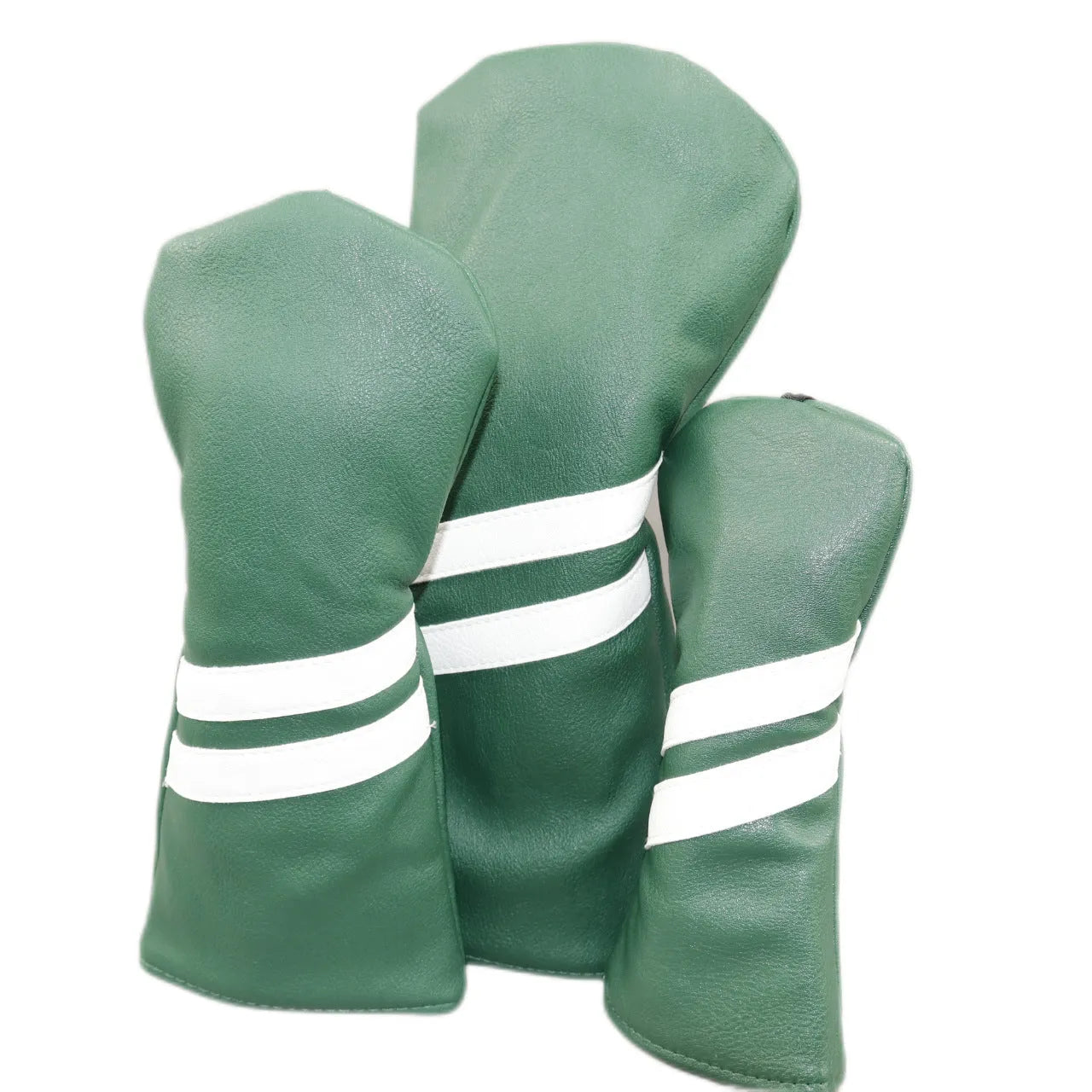 Striped golf club head cover in multiple colours showing three size options for wood rod protection