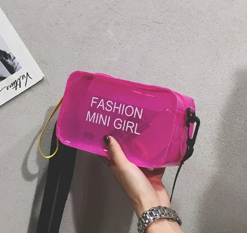 Transparent square jelly shoulder bag with adjustable strap showing mobile phone compartment