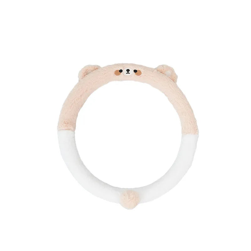Plush winter car steering wheel cover with embroidered cartoon panda design for 38cm steering wheels.