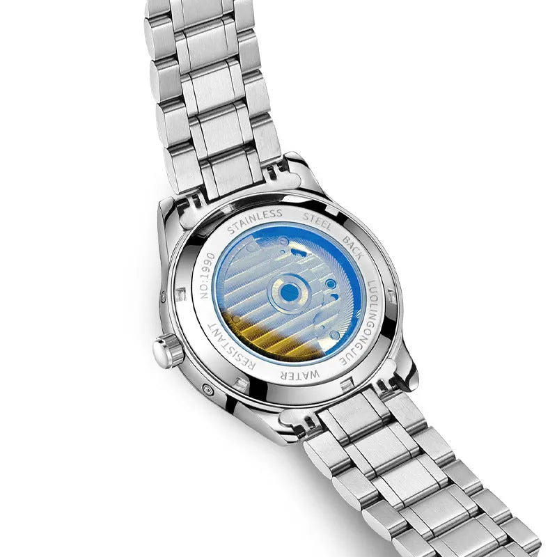 Men's business mechanical watch with stainless steel case, sapphire crystal, leather strap, hollow dial, and transparent caseback
