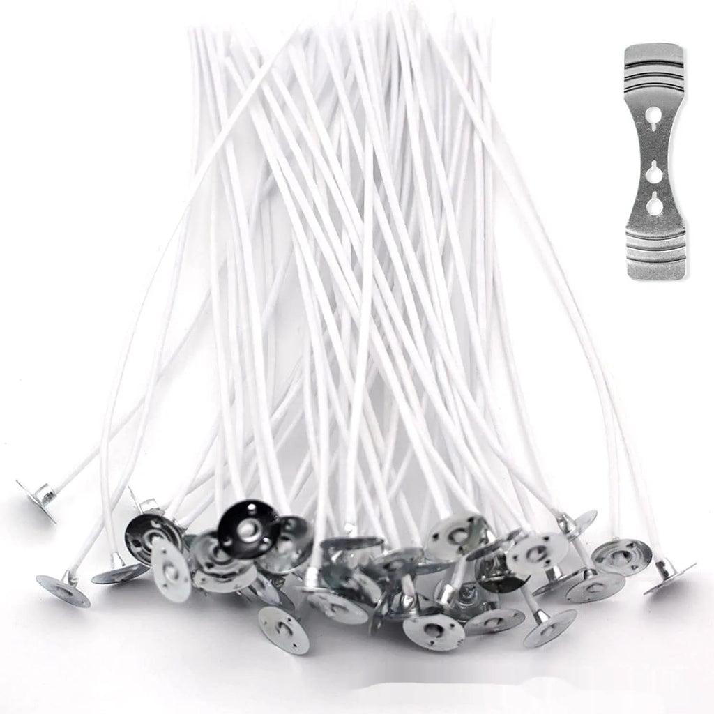 White cotton candle wicks in three lengths - 2.6cm, 6cm, and 8cm - for DIY candle making