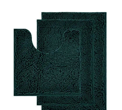 Chenille long hair three-piece bathroom carpet set with U-shaped toilet mat in green.