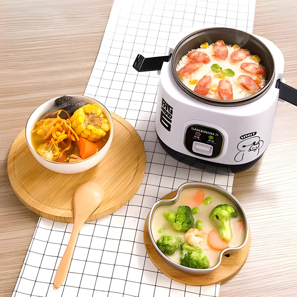 Compact round miniature rice cooker with steam pan and non-stick liner for one to two person cooking
