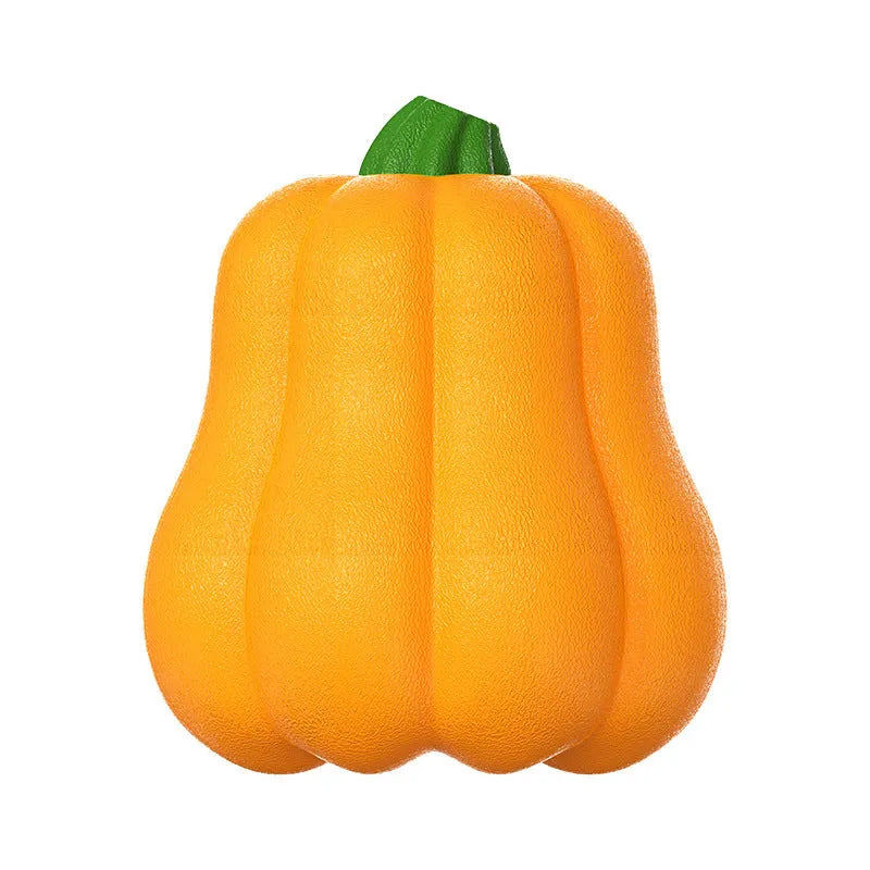 Large orange pumpkin-shaped plastic dog chew toy with an attached rope for throwing