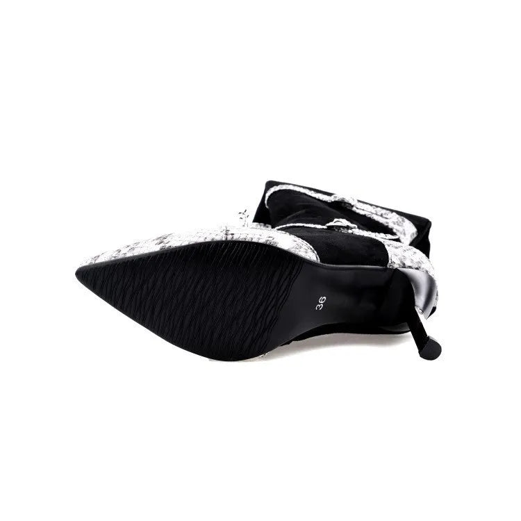 Women's black knee-high boots with thin high heels and velvet interior, showing 33cm shaft height