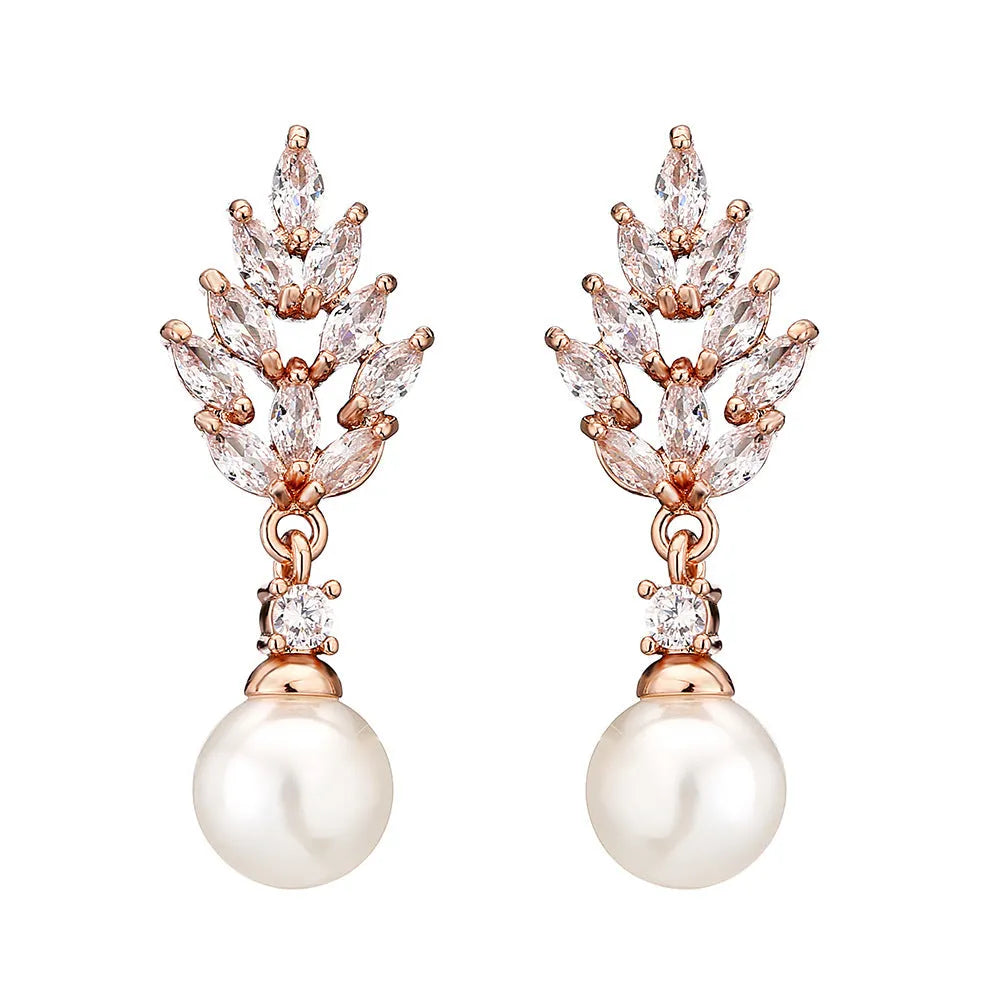 Geometric floral earrings with micro inlaid zircon in gold, platinum, or rose gold plated finish