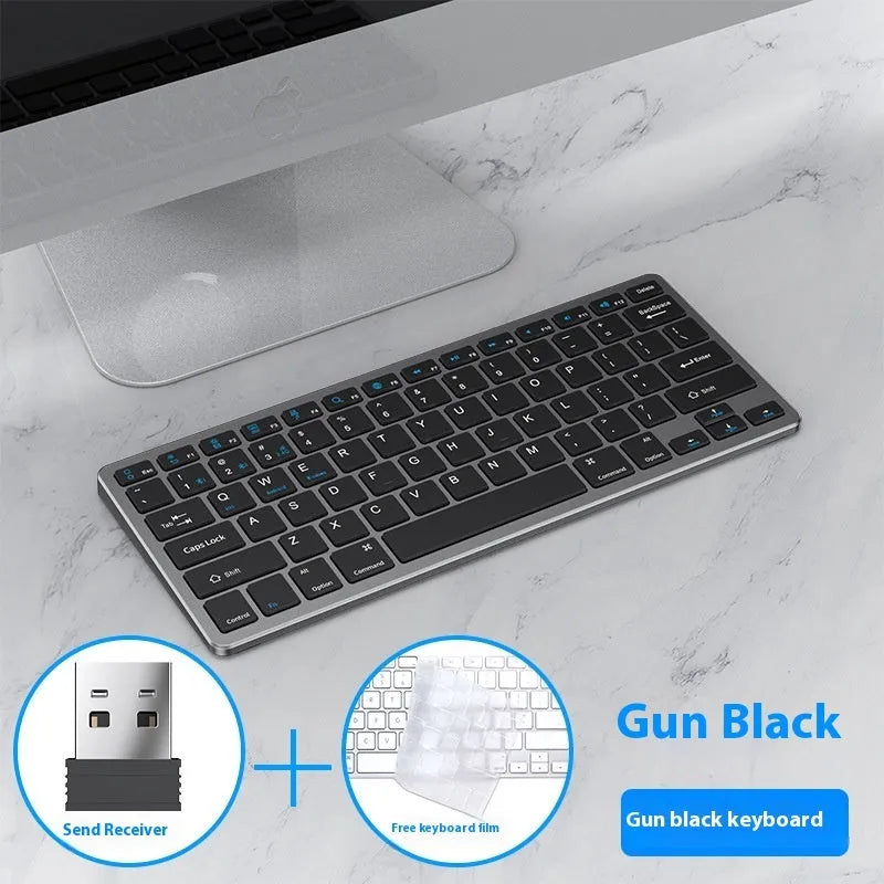 Ultra-thin silent wireless keyboard and rechargeable mouse set in black, gunmetal, or silver.