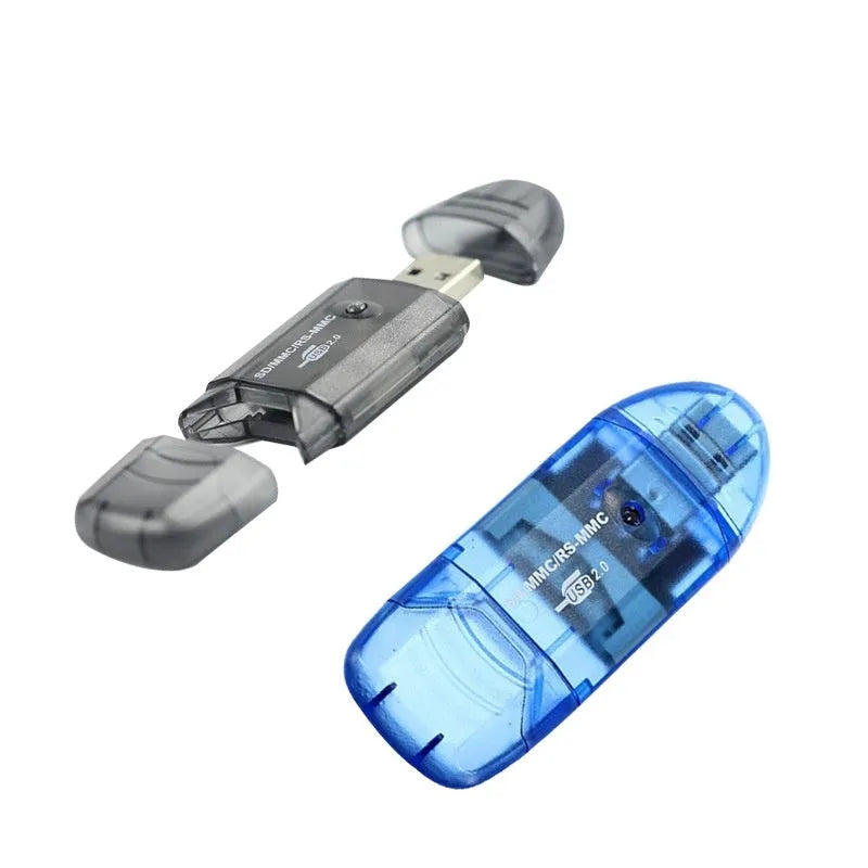 Transparent USB card reader with optional LED light on a desk next to memory cards.