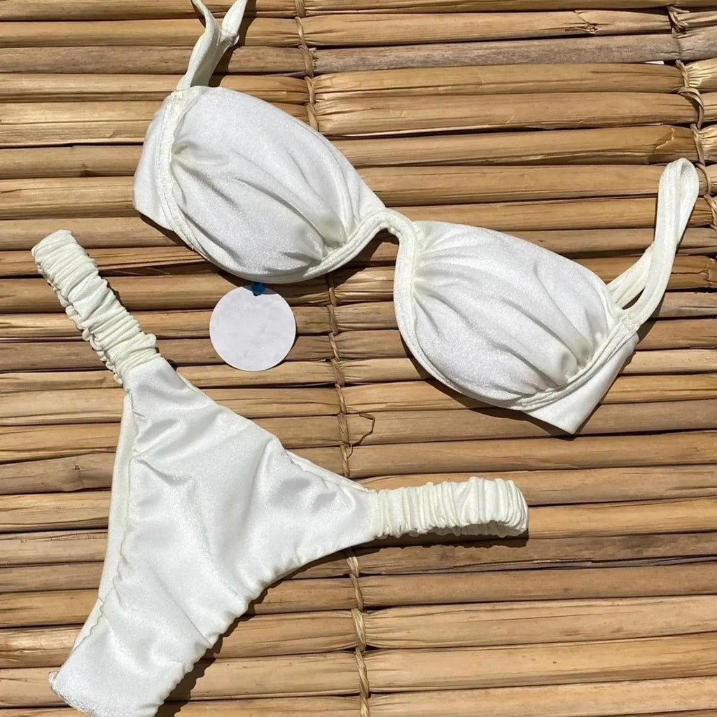 Women's underwire bikini swimsuit in black, khaki or white with briefs style and split design