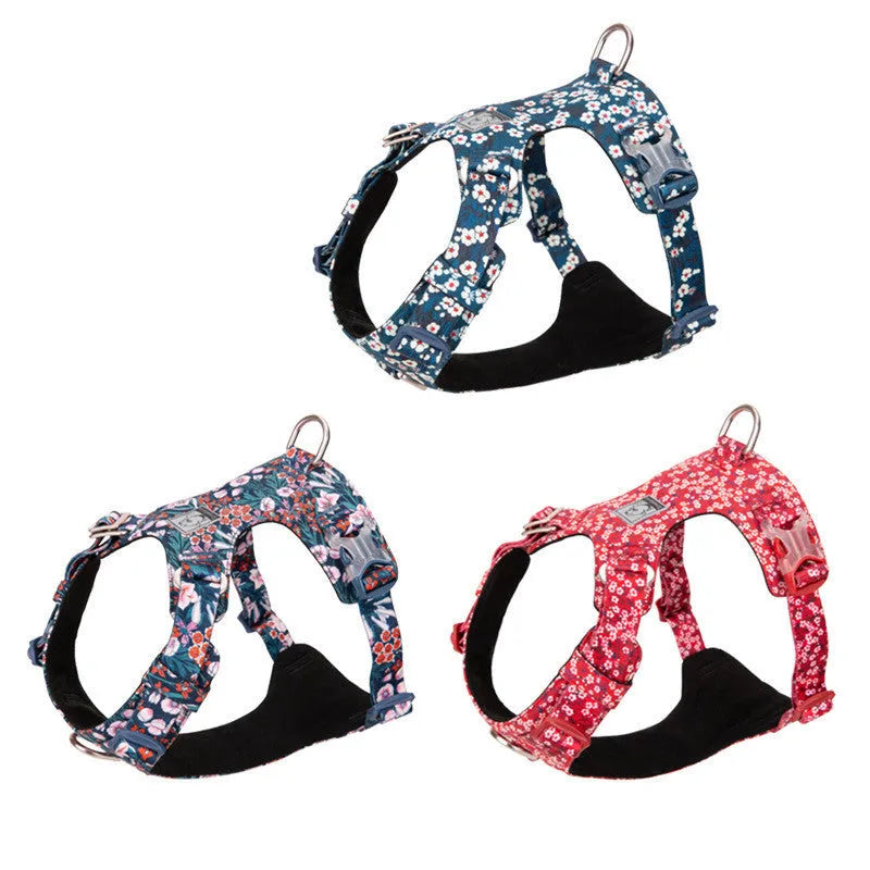 Pure cotton pet chest strap with floral pattern in red, green, or blue for dogs