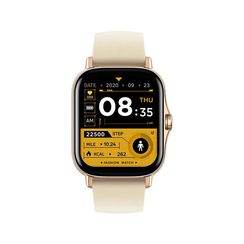 GT20 smart watch with black alloy case and silicone strap showing heart rate monitoring on screen