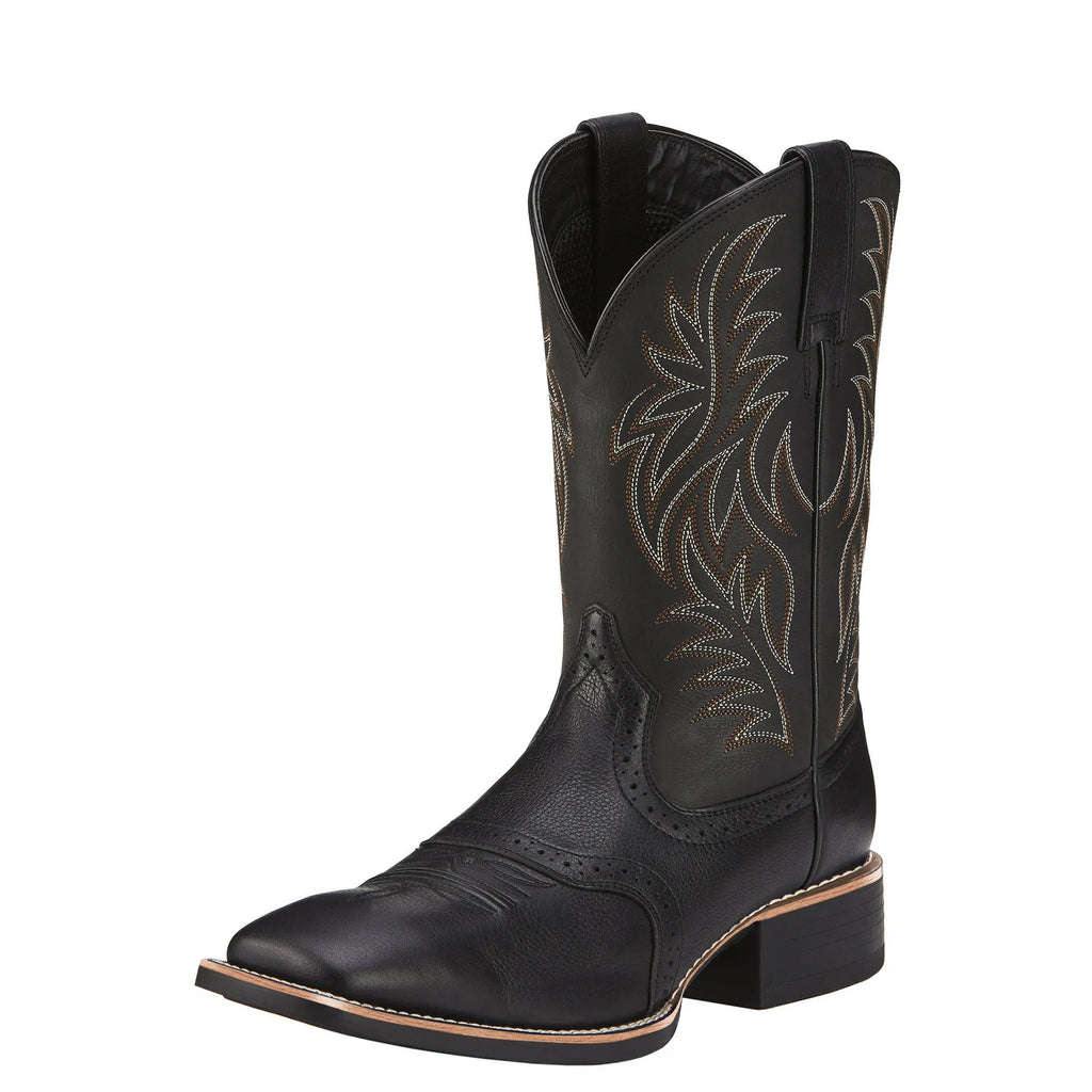 Men's black and brown Western cowboy boots with high embroidery stitching and wide square toe.
