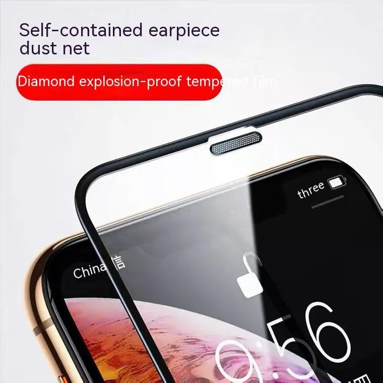 iPhone tempered glass screen protector showing anti-peeping, blue light, and dustproof colour variants
