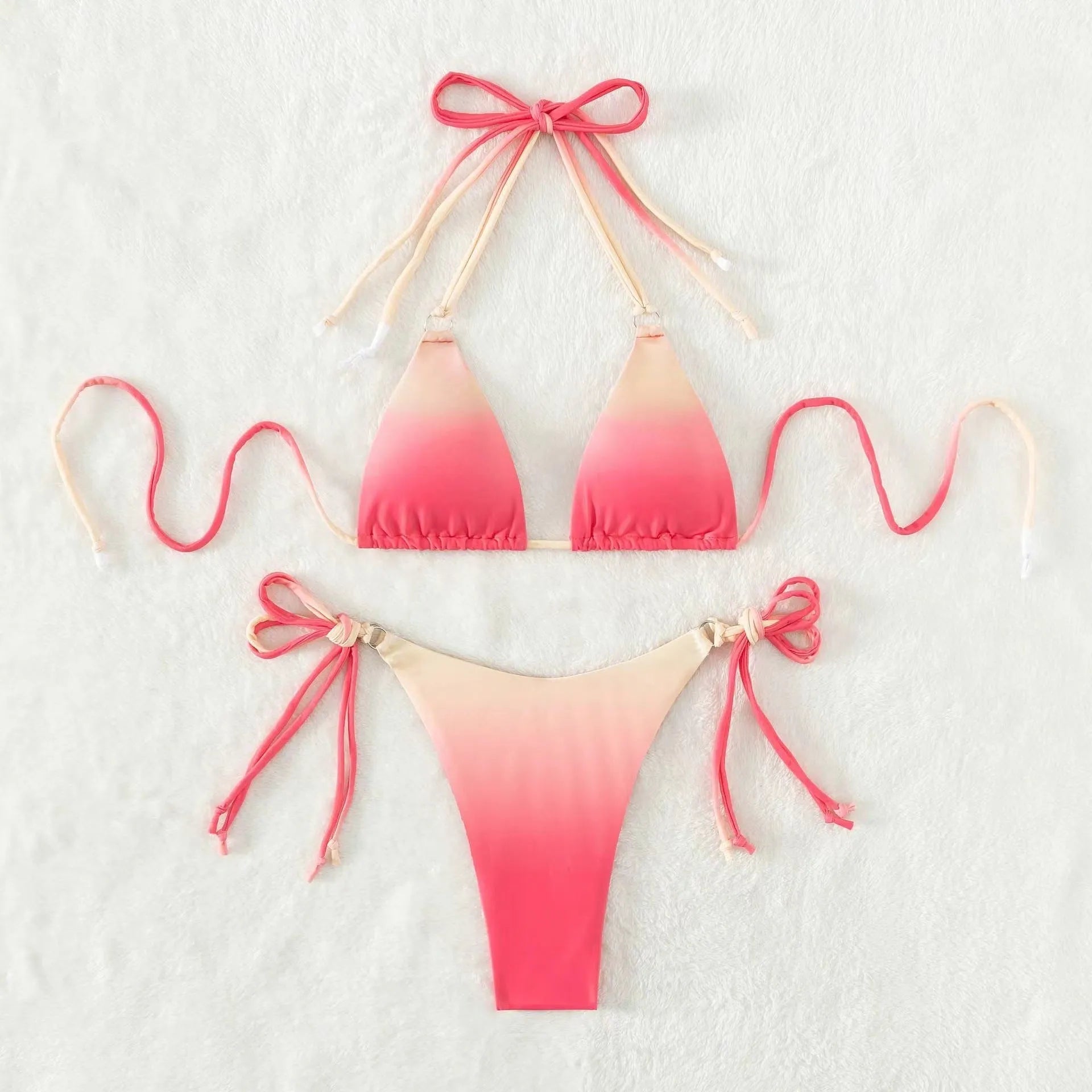 Women's gradient colour separated bikini swimwear set with triangle top and briefs