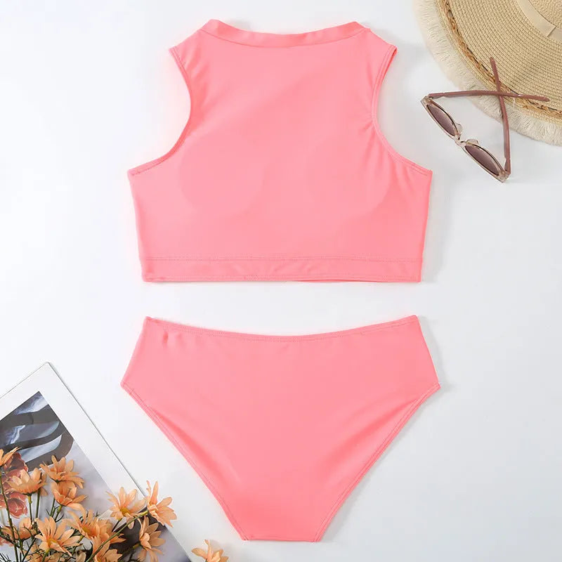 Pink high-waist women's bikini swimsuit with split briefs and mesh lining.