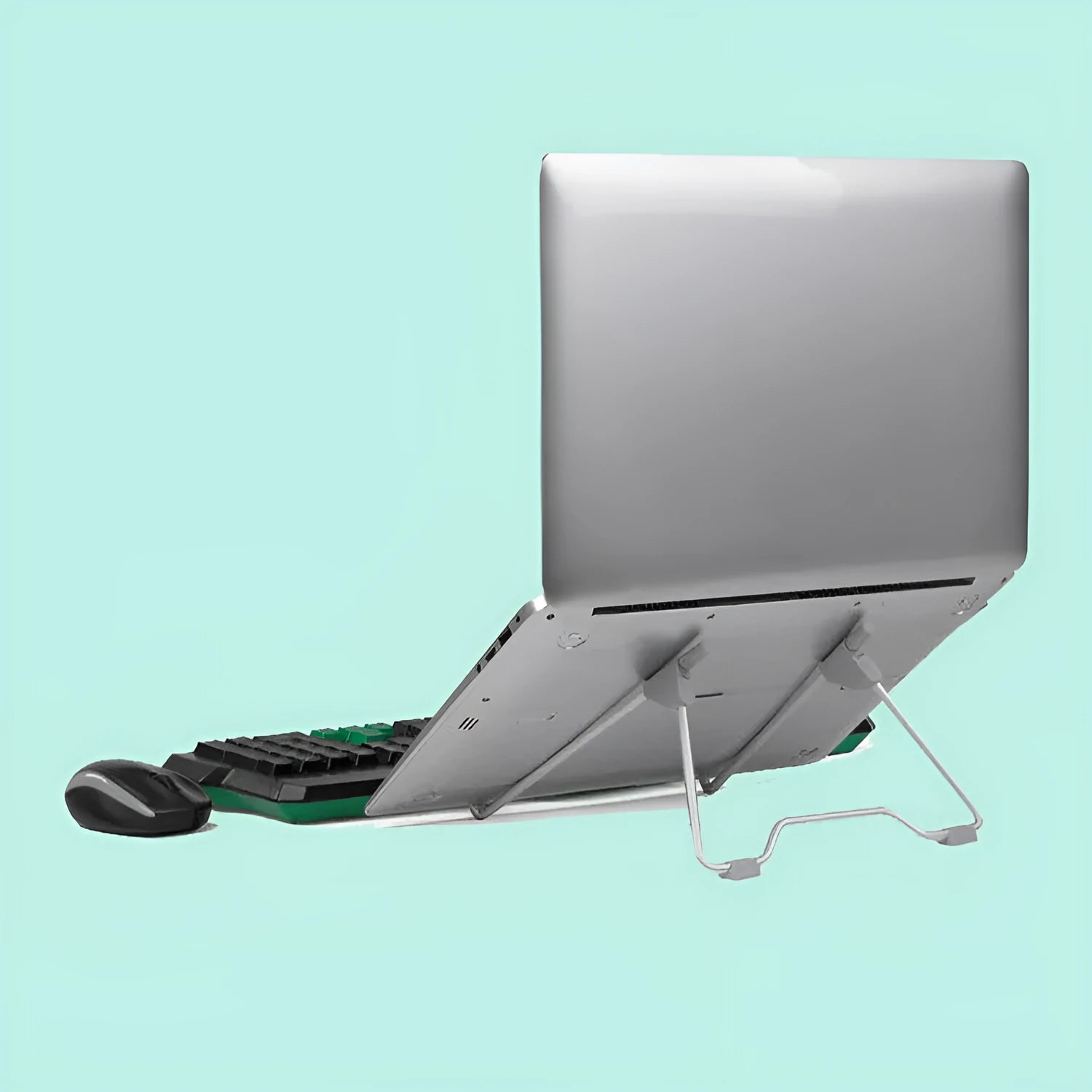 Grey aluminium alloy and plastic foldable stand holding a mobile phone and a laptop.