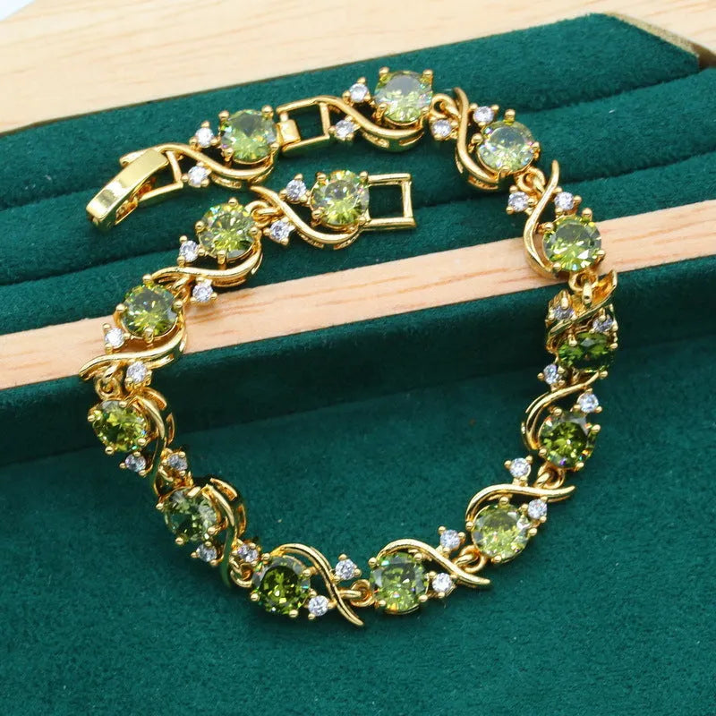 Women's rhinestone zircon jewellery set with snake bones chain necklace, earrings, and ring in olive green or red