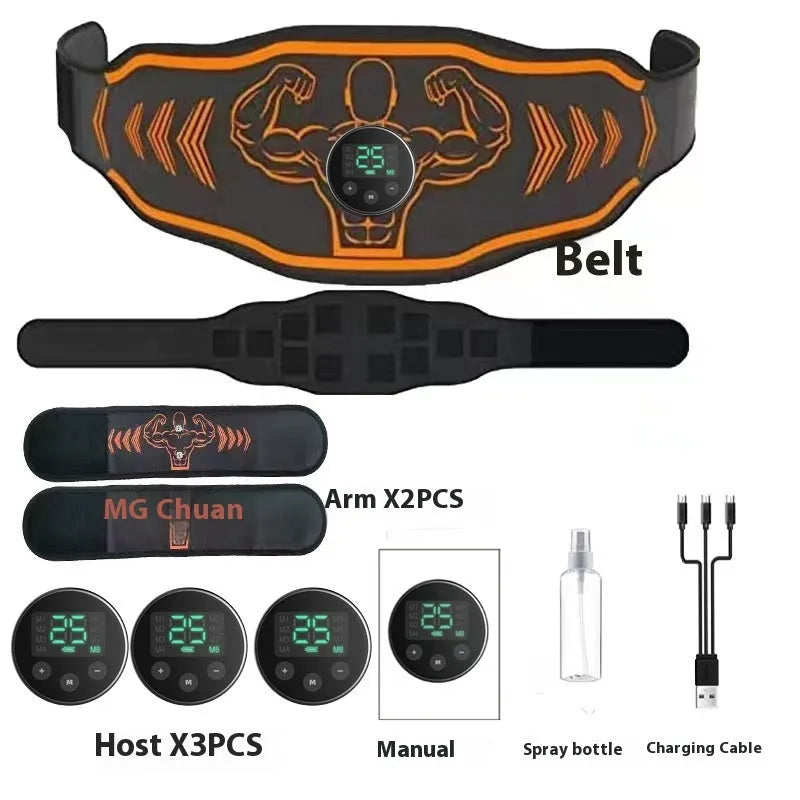 Blue and orange EMS smart massage belt with arm stickers and rechargeable host unit