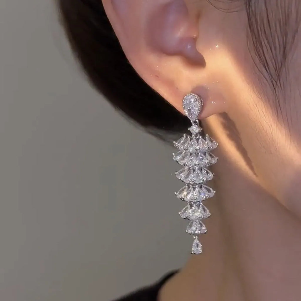 Silver Pagoda coloured Christmas tree and pagoda shaped drop earrings with zircon accents.