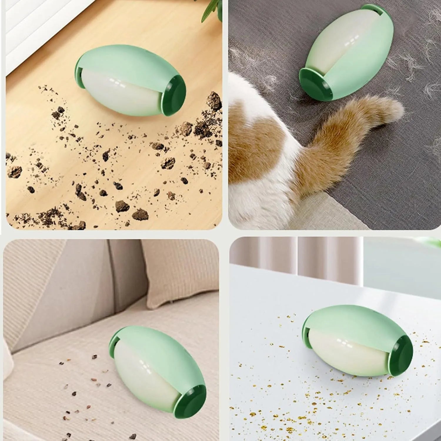 Green washable gel lint roller ball removing pet hair from blue fabric