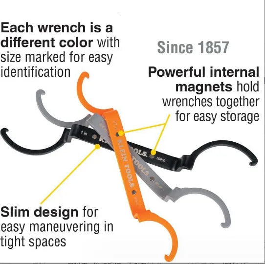 Three-piece wrench set showing orange, grey, and black wrenches with magnetic crescent and catheter locking types