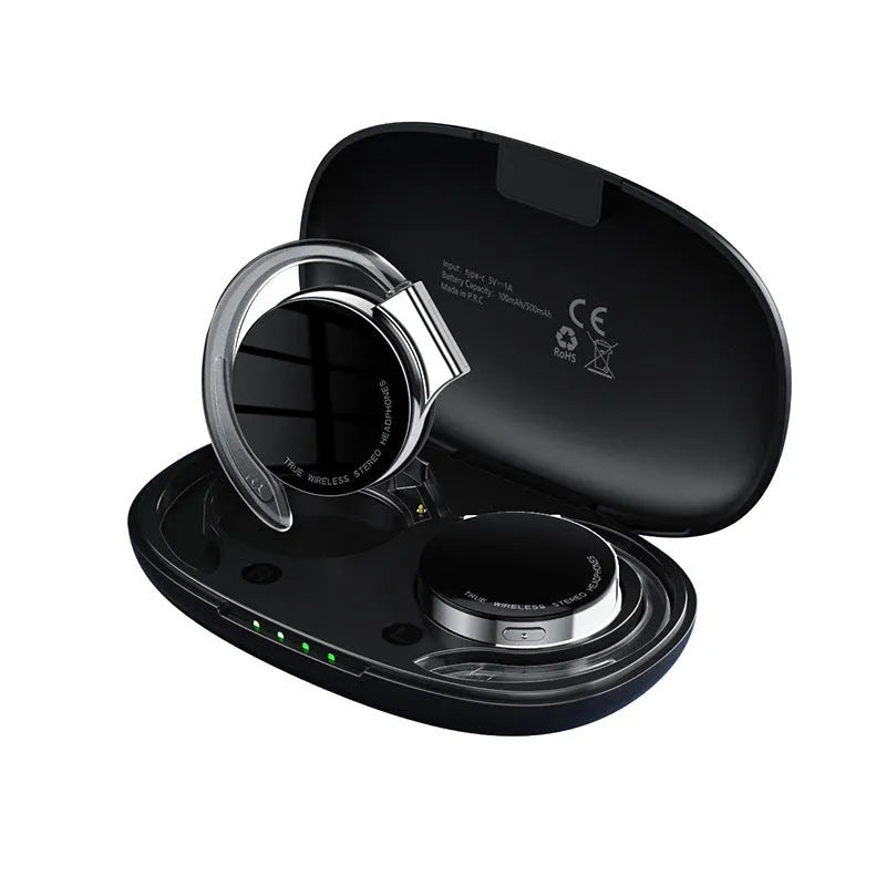 Black and white wireless Bluetooth sports earphones with in-ear design.
