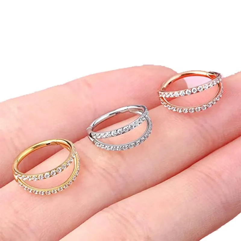 G23 titanium alloy nose ring earring with zircon detail in steel or gold colour, showing gauge and length options.