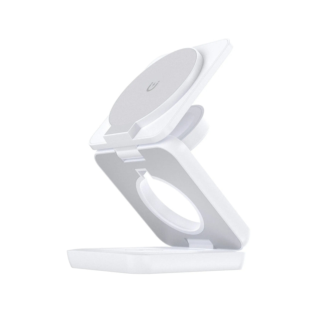 Foldable magnetic wireless phone charger stand in black showing adjustable angles