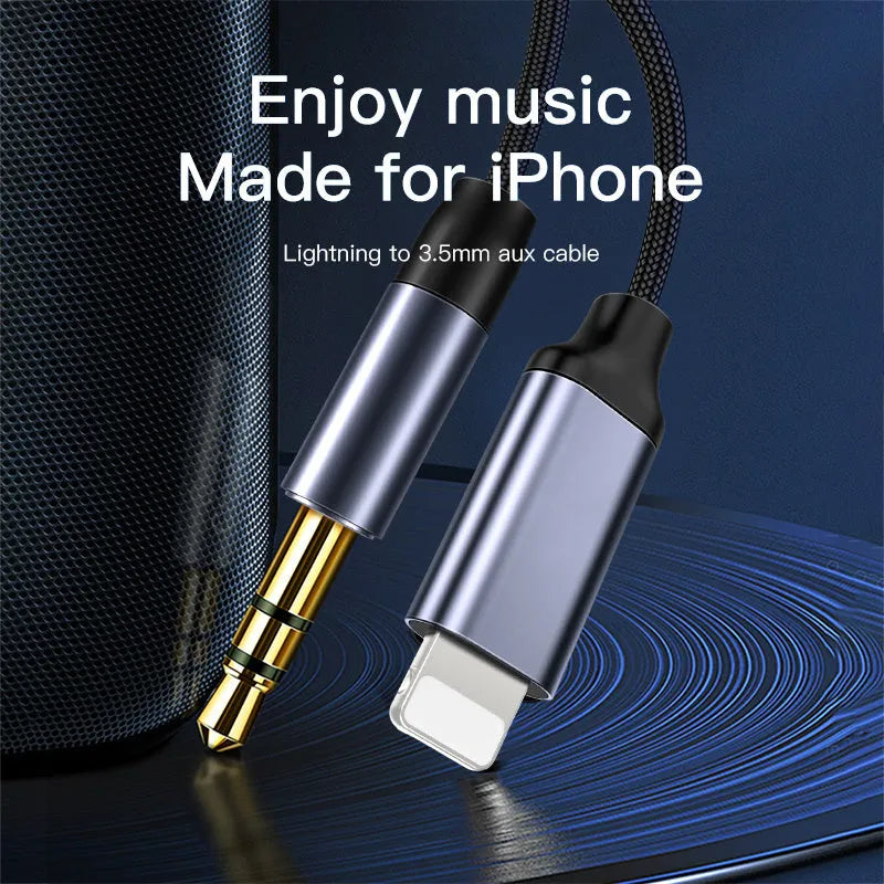 Black and silver nylon-braided 3.5mm audio auxiliary cable on a white background.
