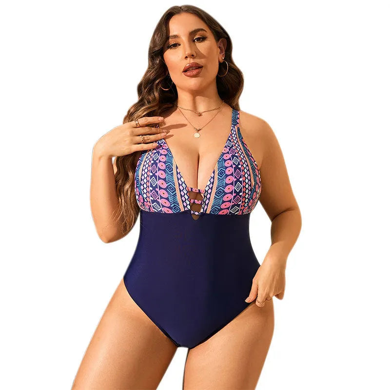 Leopard print plus size one-piece swimsuit for women with V-neck and conservative cut